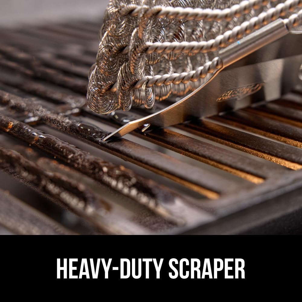 GORILLA GRIP Heavy Duty No Bristle Triple Helix Grill Brush with Scraper for Outdoor Grills, Safe Steam Cleaning, Oversized Comfortable Handle Grip with Bottle Opener, BBQ Tools, 17.5 Inch, Green