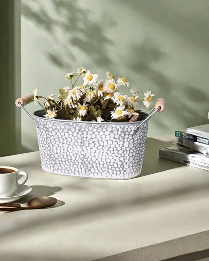 Galvanized Oval Planter Tubs for Outdoor Plants - Farmhouse Small Metal Tin Buckets with Drain Hole & Rubber Plug Medium Plant Containers with handles vintage style for decor, Set of 3 (Stone Pattern)