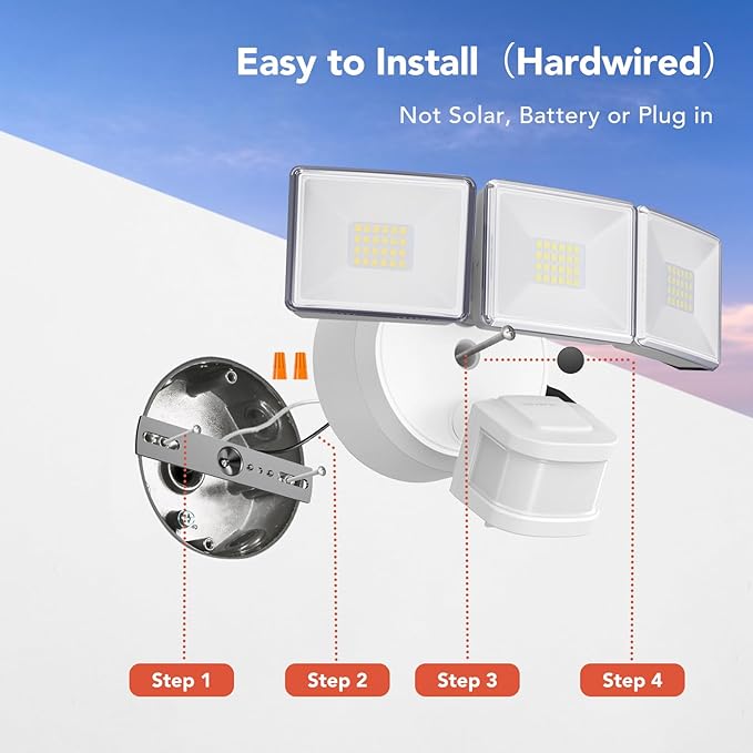 OREiN 2 Pack Motion Sensor Outdoor Lights, 4500LM/30W and 180°/50FT Big Motion Sensor, Dusk to Dawn Flood Lights Outdoor IP65 Waterproof 3 Modes LED Security Light for Garage, Yard, White (Hardwired)