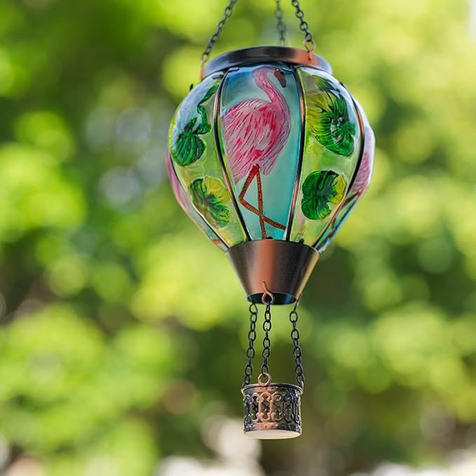 Starsoul Flamingo Hot Air Balloon Solar Lantern Solar Hot Air Balloon Flickering Flame Hanging Garden Light Metal & Glass Waterproof Lanterns for Yard Patio Farmhouse Decoration
