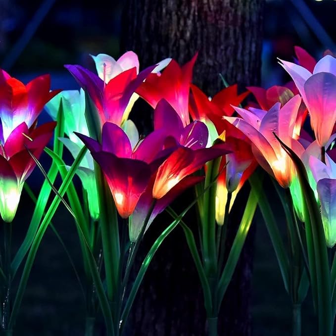 ANGMLN 4 Pack Solar Flowers Lights,16 Bigger Head Solar Lily Flowers, 7 Color Changing Pathway Lamps for Garden Patio Yard Party Wedding Holiday Outdoor Garden Stake Decoration(Purple2&White1&Pink1)