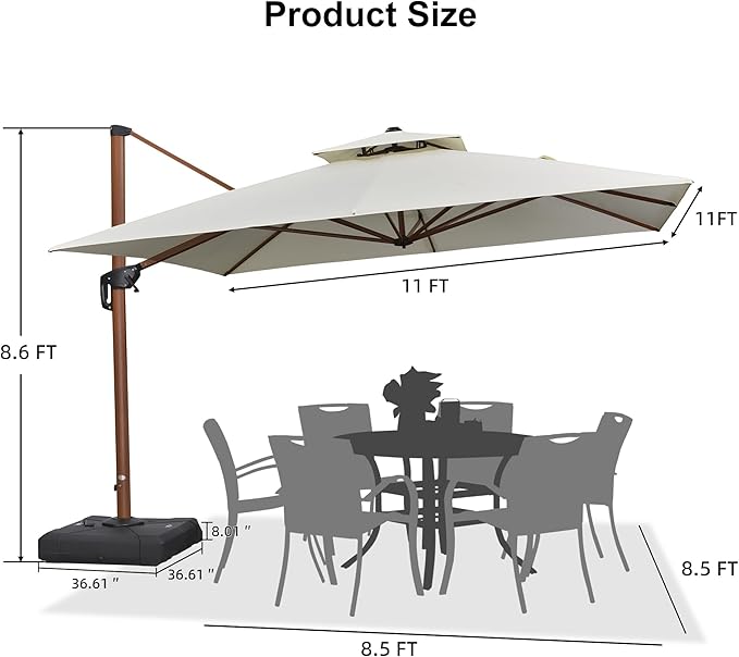 PURPLE LEAF 11ft Patio Umbrella with Base Outdoor Square Umbrellas Large Cantilever Umbrella Windproof Offset Umbrella Heavy Duty Sun Umbrellas for Garden Deck Pool Patio, Cream