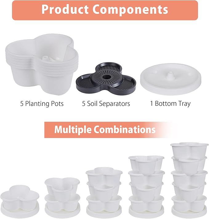 VECELO 5 Tier Vertical Garden Planter, Self Watering Stackable Planters with Wheels for Strawberries, Herbs, Flowers, Vegetables, White