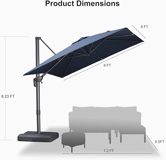 PURPLE LEAF 8 FT Cantilever Patio Umbrella Outdoor Aluminum Offset Square Umbrella with 3 Years Fade Resistance Recycled Fabric and 360-degree Rotation for Deck Pool Garden, Ocean Slate