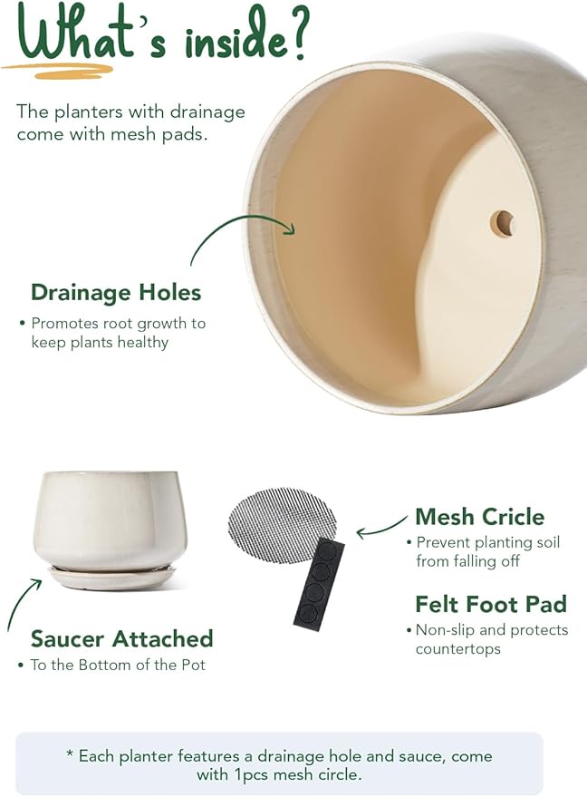 LE TAUCI Ceramic Planters, 12 Inch Pots for Plants, Indoor Plant Pots with Drainage Holes and Saucers, Modern Planters Fit Mid Century Plant Stand, Flower Pots for Indoor Plants, Reactive Glaze Beige