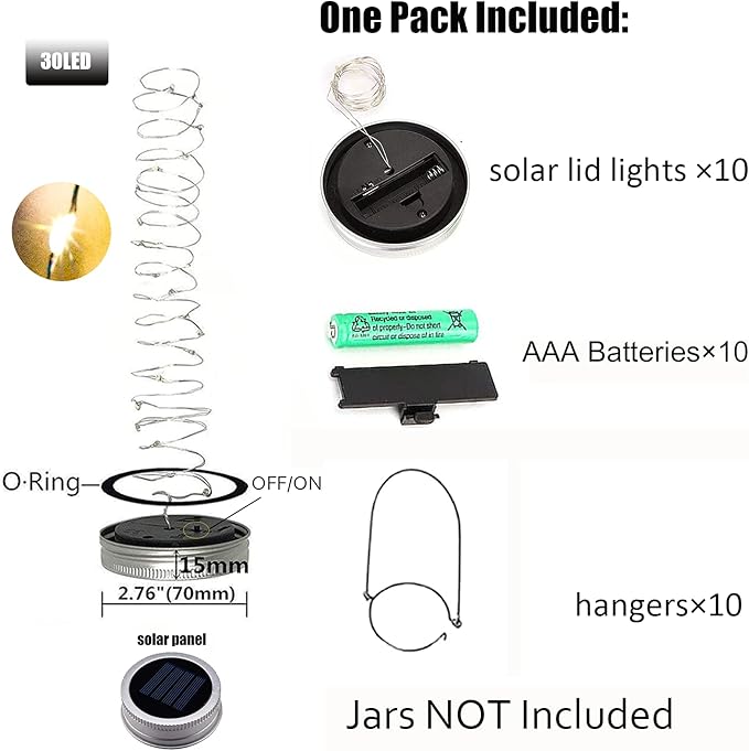 SmilingTown 10 Pack 30 LED Solar Mason Jar Lid String Lights,Fairy Lights Including 10 Pcs Hangers,for Indoor Outdoor Wedding Patio Garden Party Decorations Gift(No Jars) (Warm White)