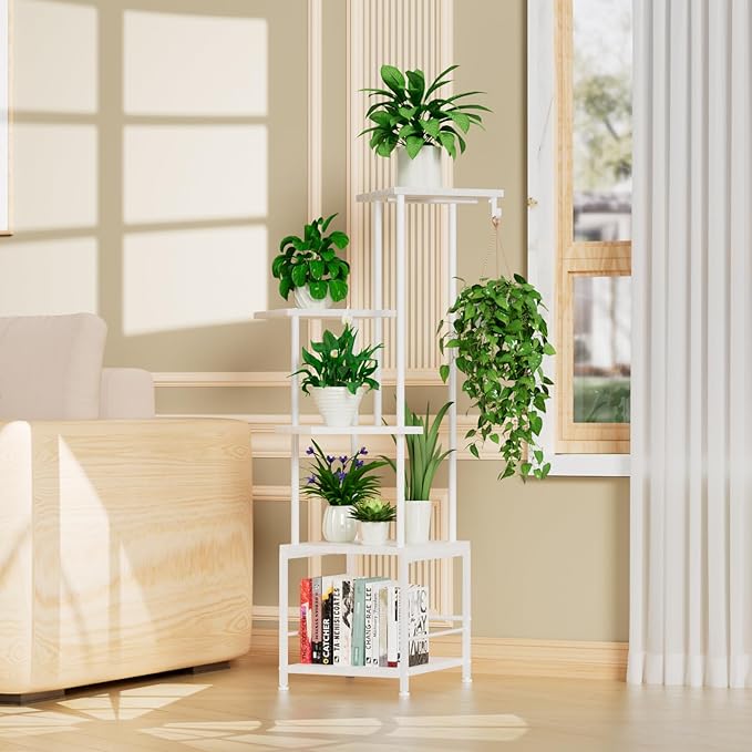 Plant Stand Indoor with Grow Light, 5-Tiered Tall Plant Stand Indoor, Metal Plant Shelf with Hanging Basket Hook and Adjustable Light, Ideal for Living Room, Garden, Patio white