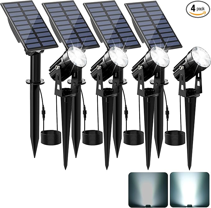 Solar Spot Lights Outdoor, Solar Landscape Spotlights IP65 Waterproof 9.8ft Cable, Auto On/Off Outdoor Wall Lights for Garden Yard Driveway Porch Walkway Pool (1-in-1 6000K Cold White 4 Pack)
