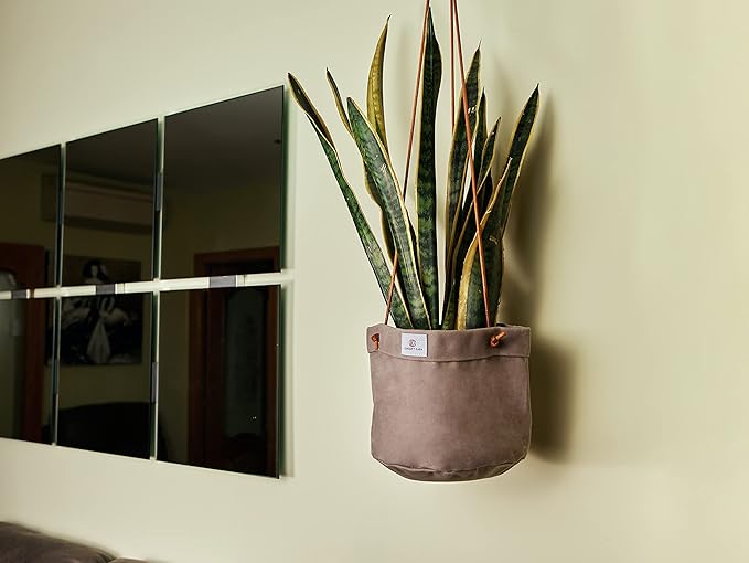 Large Waxed Canvas Handmade Hanging Planter for Indoor/Outdoor Plants, Hanging Basket Plant Holder Stone Gray