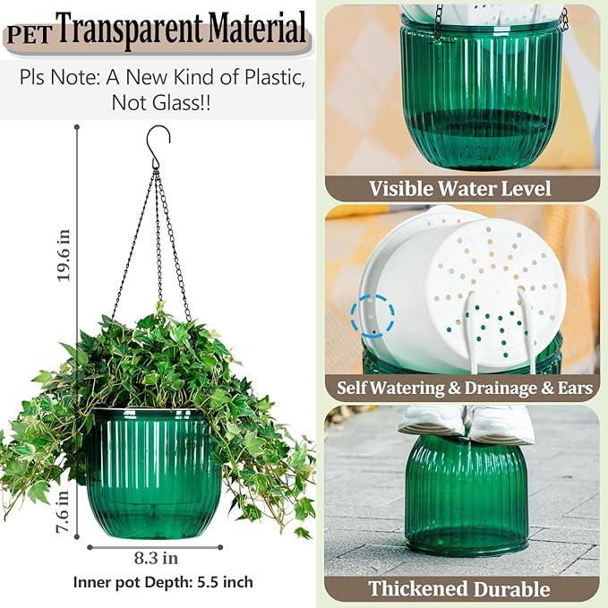 Melphoe 1 Pack Self Watering Hanging Planters Indoor Flower Pots, 8.3 Inch Outdoor Hanging Plant Pot Basket, Plant Hanger with 3Hooks Drainage Holes for Garden Home