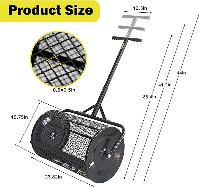 Compost Spreader, 24" Peat Moss Spreader, Roller Lawn Spreader with 3 Heights T Shaped Handle, Side Latches Powder Coated Steel Mesh Basket, Lawn & Garden Spreader for Spreading Manure Topsoil Black