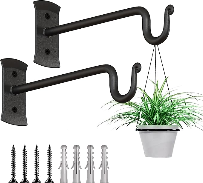 RTZEN Plant Hangers Outdoor or Indoor - Wrought Iron Metal Hanger Indoor Hook - Heavy Duty Wall Bracket Hooks for Hanging Plants Baskets Lanterns Wind Chimes - 2 Pack (Black Shepherds Hooks)