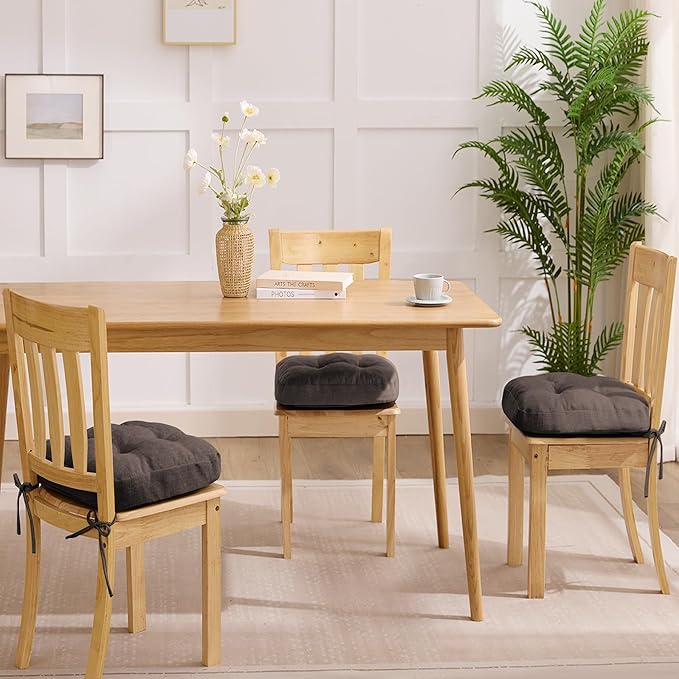 Chair Cushions for Dining Chairs, Dining Chair Cushions, Tufted Indoor Chair Pads with Ties & Non Slip Backing, Seat Cushions for Kitchen Chairs 16.5” x 16.5” x 3.5”, Set of 4, Brown