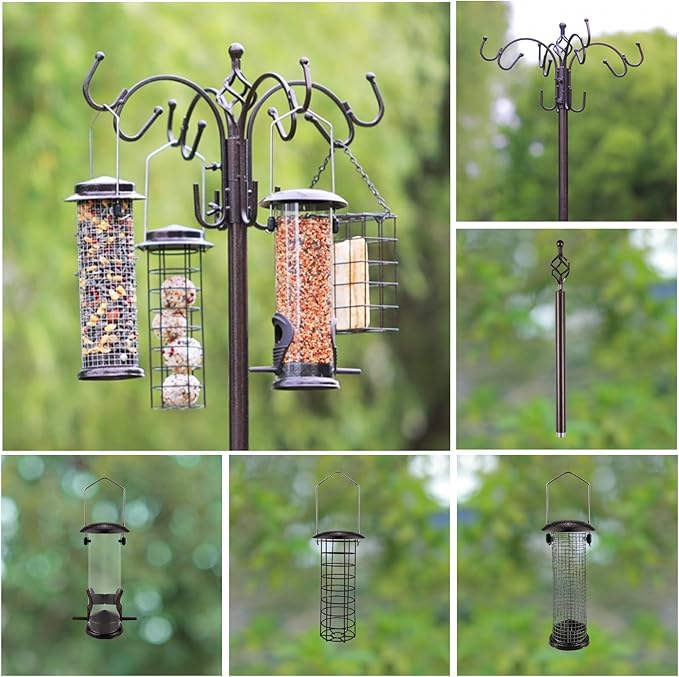 Deluxe Bird Feeding Station Kit Bird Feeder Pole with Squirrel Baffle, Suet Cage, Bath Tray for Planter Hanger - Wildlife-Friendly Design