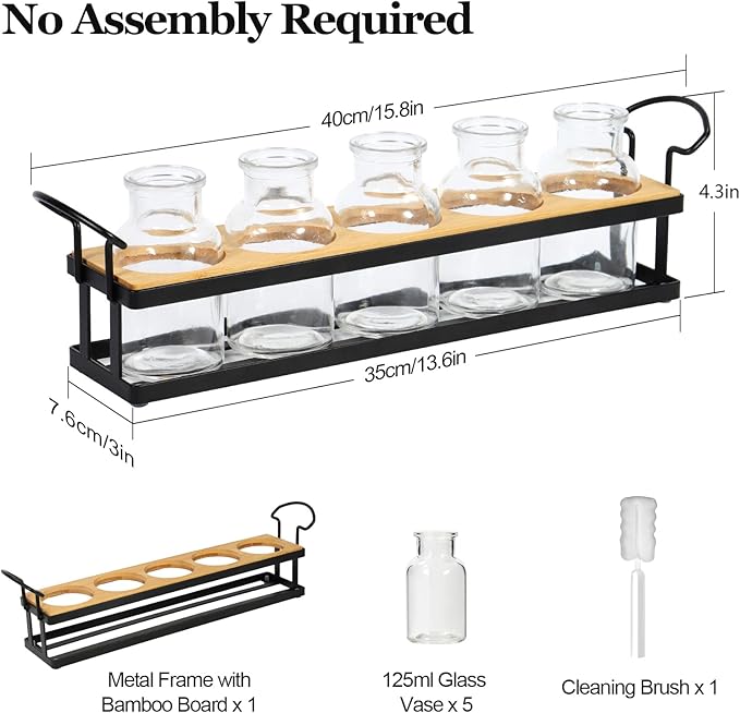 THYGIFTREE Plant Propagation Stations with Metal Stand, Tabletop Plant Terrarium for Propagating Hydroponic, Retro Glass Planter Flower Vase Home Kitchen Office Decor, Plant Lover Gifts, 5 Jars