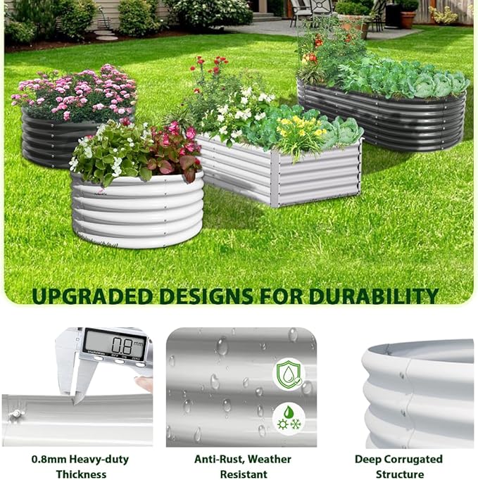 A ANLEOLIFE 12X3X1.5 ft Galvanized Raised Garden Beds Outdoor, Oval Extra Large Metal Planter Box for Planting Vegetables Flowers Herb, Anti-Rust & Easy-Setup, Antique White