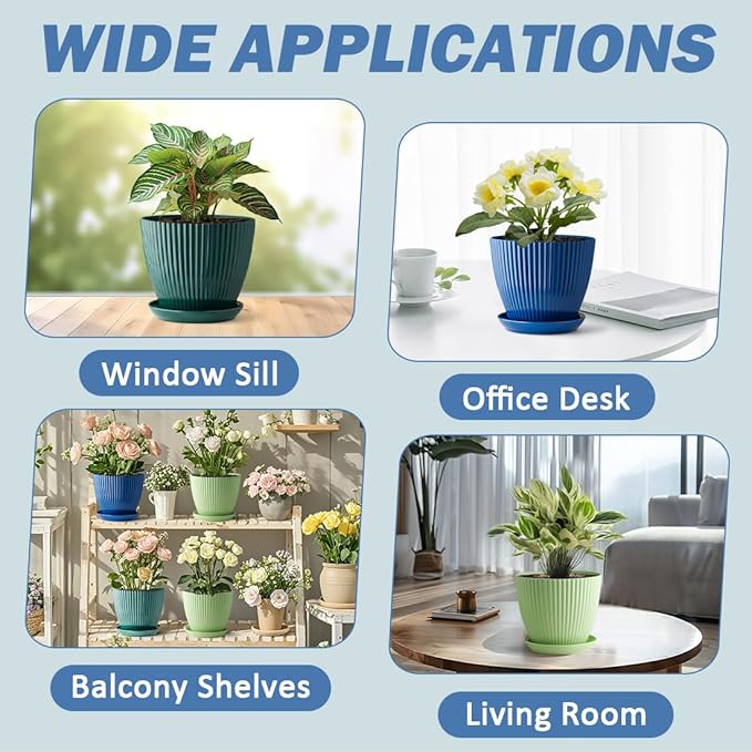 7.5 Inch Plant Pots 6 Pack, Plastic Pots for Plants with Drainage Holes and Saucers, Mix-Colores Plant Planter with 3 Colors Indoor and Outdoor Flower Pots (Top Diameter 7.5 inch Plus)