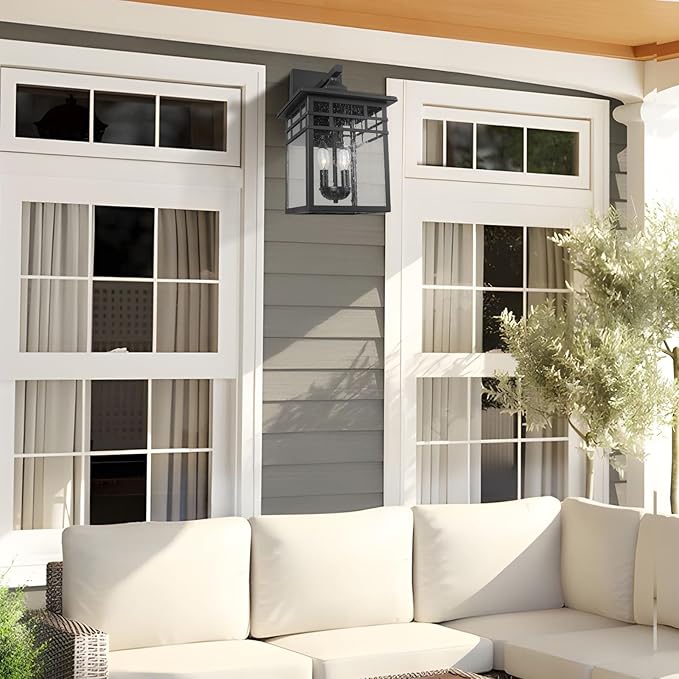 Outdoor Light Fixture Wall Mount, Black Exterior Light Fixture Wall Sconces with Seeded Glass for Front Porch, Large Waterproof Outdoor Square Wall Lantern Outside for House Doorway