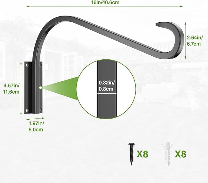 16 Inch 2 Pack Plant Hangers for Indoor/Outdoor Wall Mount - Heavy Duty Hanging Plant Holder & Bird Feeder Hooks, Decorative Black Metal Wall Hangers for Plants, Flower Baskets