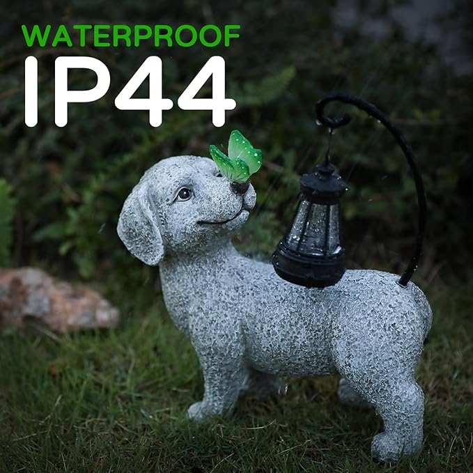 Solar Garden Outdoor Statues Dog with Butterfly Solar Lantern, Lawn Decor Puppy Figurine for Patio Balcony Yard, Yard Unique Christmas Birthdays Gift for Mom Grandma