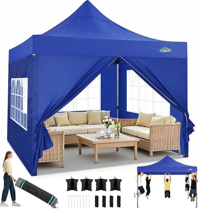 COBIZI 10x10 Pop up Canopy Heavy Duty with 4 Sidewalls, Easy Set-up Commercial Outdoor Party, 100% Waterproof Wedding Canopy Gazebo, 3 Height Adjustable with Wheeled Bag,Dark Blue