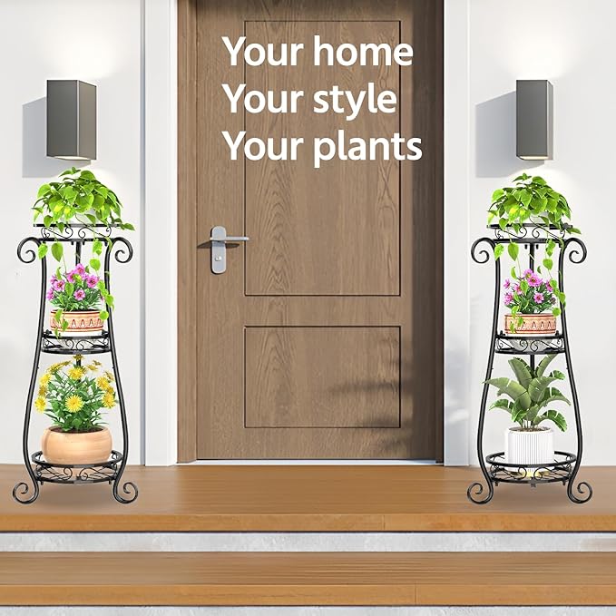 LASZOLA 3 Tier Black Metal Plant Stand for Multiple Large Planters Indoor Outdoor Organizer, Heavy Duty Tall Flower Stand for Corner Patio Bathroom Office, Modern Sturdy Vertical Iron Rack, Cat Proof