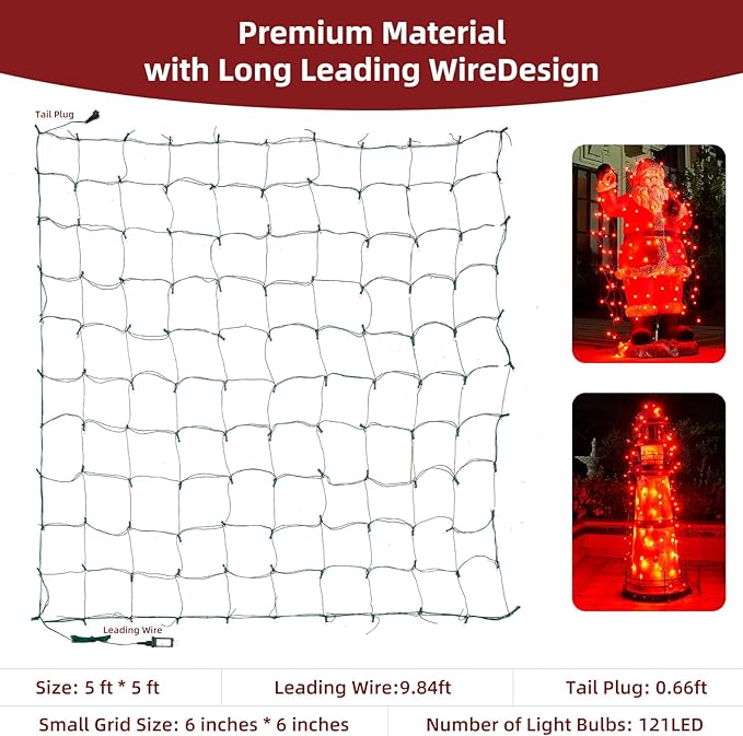 Led Net Lights Christmas Lights Outdoor Red Christmas Net Lighting with 121Led Mini Globe Lights 5ftx5ft, Outdoor Indoor Fairy Mesh Net Lights for Christmas Trees, Bushes, Shrubs Decorations