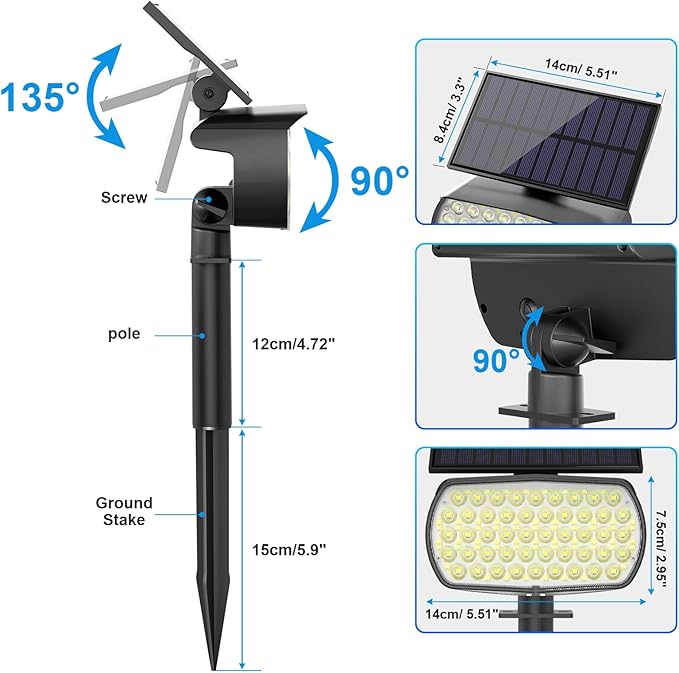 108 LED Solar Spot Lights Outdoor - IP65 Waterproof, 3 Modes Landscape Spotlights with Large Solar Panel - Cool White, 6 Pack