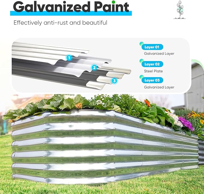 Quictent Raised Garden Bed Kit Oval Galvanized Metal Planter Box Tall for Vegetables Outdoor Backyard, Rubber Strip Edging Included, Silver 6x3x2 ft