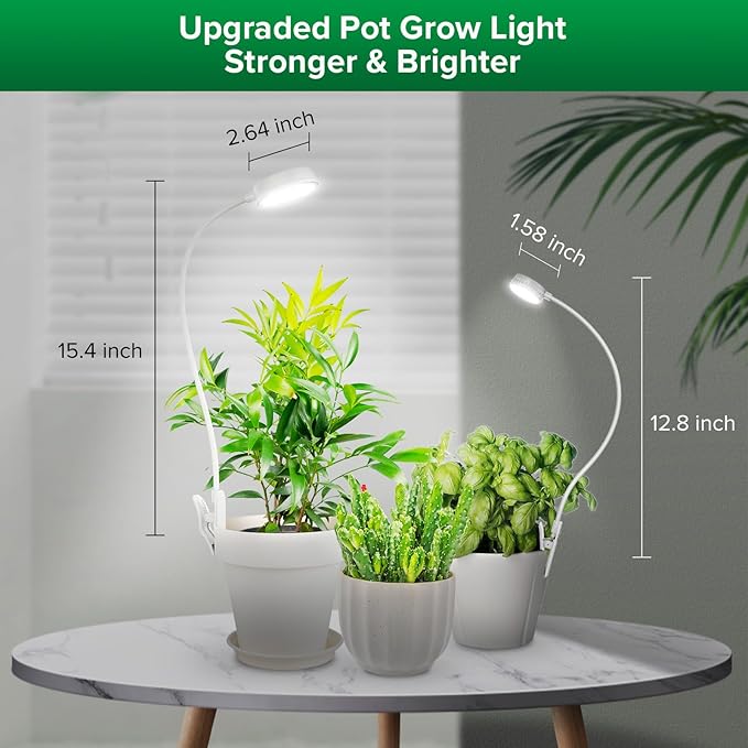 SANSI Grow Lights for Indoor Plants, Pot Clip LED Plant Light for Growing Full Spectrum, Plant Growing Lamp with 4-Level Dimmable, Auto On Off 3 6 12 Hrs Timer for Pot Plants, White 10W 3-Pack