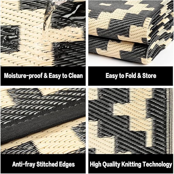 Outdoor Plastic Straw Rug, Waterproof Mat, Washable Large Floor Mat and Rug for Outdoors, RV, Beach, Patio, Camping, Backyard, Deck, Picnic, Indoor Outside (6x9ft,Geometry/Black&Beige)