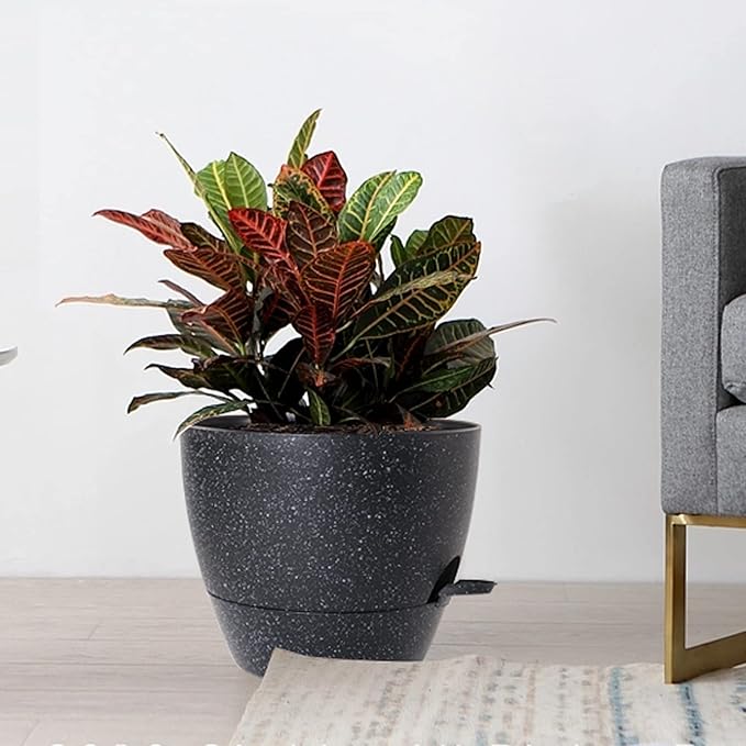 Large Self Watering Pots, 12/10/9 Plastic Planters with High Drainage Holes and Deep Reservoir for Indoor Outdoor Garden Plants and Flowers, Black Speckles