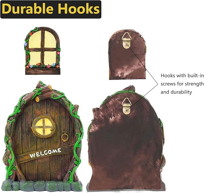 Miniature Fairy Garden Accessories Fairy Door and Windows for Trees, Glow in The Dark Yard Garden Sculpture Lawn Ornament Mini Garden Art Outdoor Decor Accessories with Lantern
