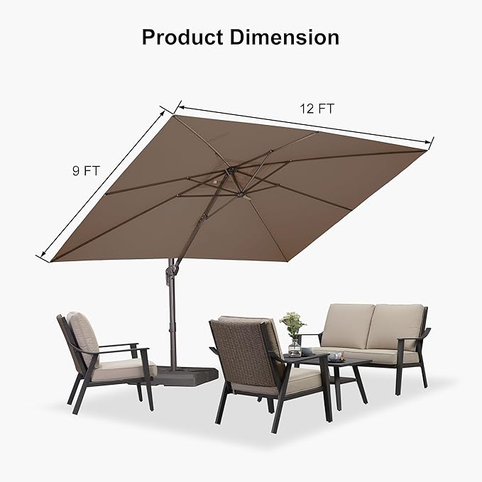 PURPLE LEAF 9' X 11.5' Rectangle Cantilever Umbrella Patio Umbrella Outdoor Aluminum Offset Hanging Umbrella with 360-degree Rotation for Pool Garden Backyard Deck, Taupe