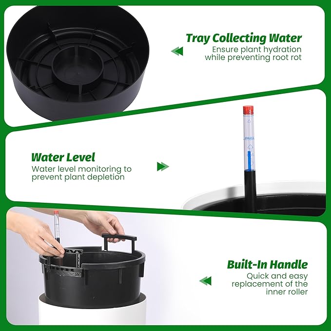 22" Tall Round Planter Set of 2, Self Watering Pots for Indoor Plants, Large Flower Pot Outdoor with Built-in Drainage and a Water Level Monitor, for Patio, Porch, Living Room, or Home Office, White