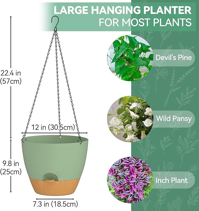 ZMTECH 12 Inch Hanging Planters for Indoor Outdoor Plants, 1 Pack Self Watering Hanging Plant Pots with Drainage Holes and Removable Saucer, Plastic Flower Hanging Pots with Watering Lip (Green)