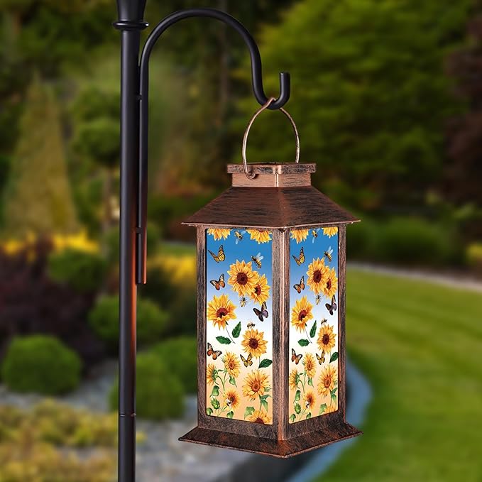 Solar Lantern Outdoor Waterproof Sunflower Butterfly Garden Decor Birthday Gifts for Women Mom and Grandma Solar LED Plastic Decorative Hanging Light for Yard(Sunflower Butterfly)