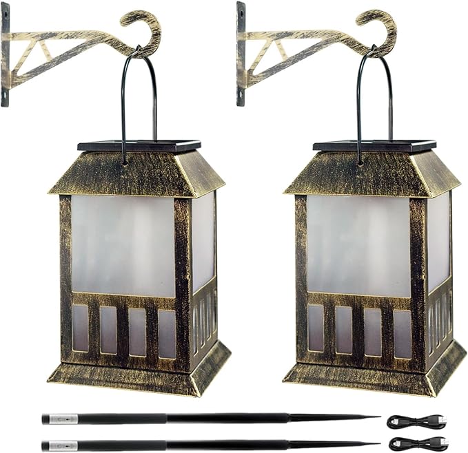 Solar Lanterns Outdoor Waterproof, 3D Star Lantern Light with Flashing Mode, Solar & USB C Charging, Metal Hanging Lantern for Wall Landscape Yard Patio Garden Driveway, RGB Light 2 Pack