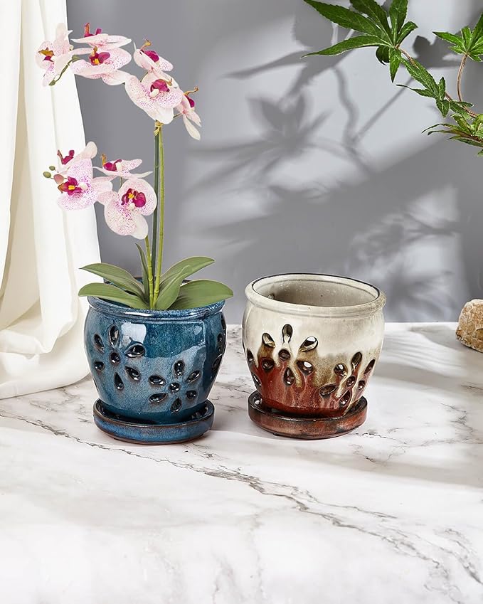 vensovo 4 Inch Ceramic Orchid Pots with Holes and Saucers - 2 Pcs Small Succulent Pot for Repotting, Garden Flowerpots for Plants Indoor and Outdoor Promotes Air Circulation (Blue, Brown Mixed)