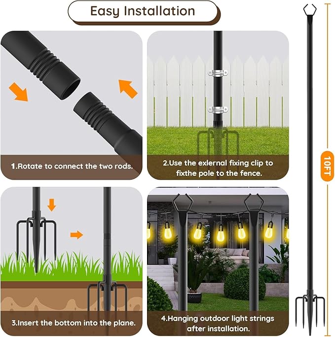 10Ft String Light Poles 6 Pack,Light Poles for Outside Lights,Outdoor with Fence Brackets Hanging Lights,Metal Stand Deck Patio Backyard