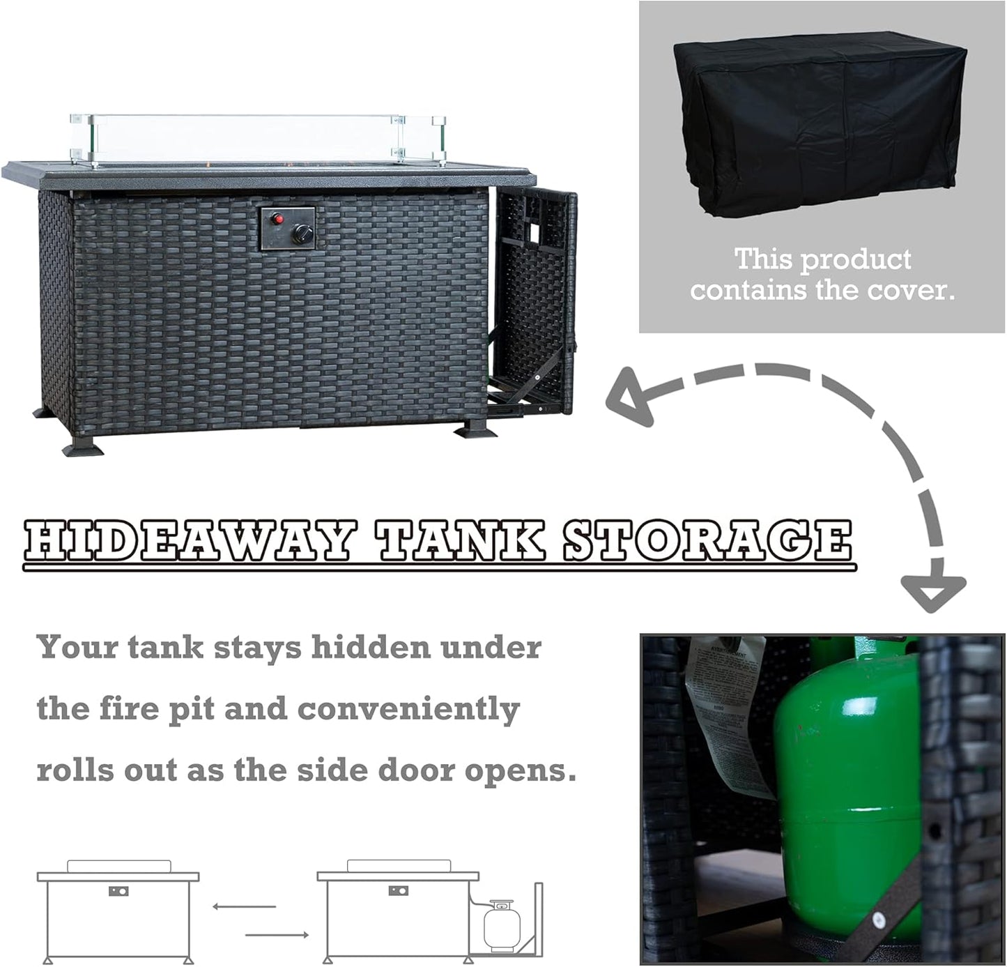 Kozyard Outdoor Patio Propane Gas Fire Pit Table - 50,000 BTU Wicker Design with Aluminum Tabletop, Glass Wind Guard, Clear Glass Rocks, and Slide Out Tank Holder - Ideal Patio Fire Table (Gray)