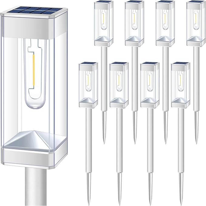 Solar Pathway Lights 8 Pack Solar Outdoor Lights with LED Tungsten Filament Bulb Waterproof Stainless Steel Garden Lighting for Outside Driveway Landscape Lawn Path Christmas (White)