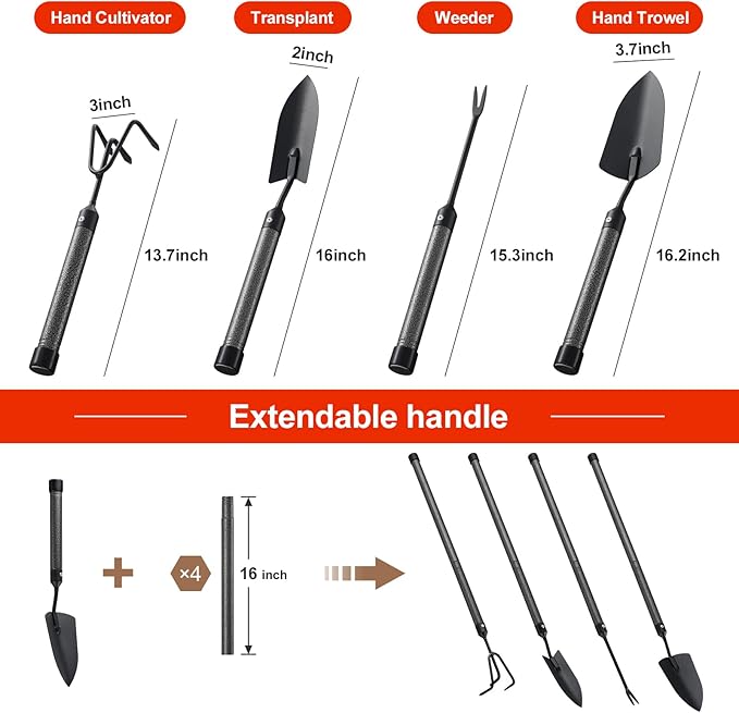 Garden Tools Set with Extension Handles, 5 Piece Thick Gardening Hand Tools, Heavy Duty Steel Rust-Proof Weeding Planting Tool Ideal Gardening Kit Gifts for Women and Men