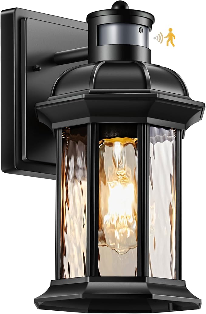 VIANIS Dusk to Dawn Motion Sensor Outdoor Porch Lights, Modern Black Exterior Porch Light Fixtures Wall Mount, Anti-Rust Aluminum Waterproof Wall Lantern With Tempered Ripple Glass For Garage Entryway