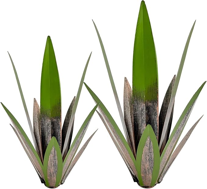 Metal Agave Plant Garden Art, 2 Pack Big Tequila Rustic Sculpture, Rustic Metal Agave Plants Garden Lawn Home Ornaments, for Yard Stakes, Garden Figurines, Outdoor Patio (2 PCS Green-b)