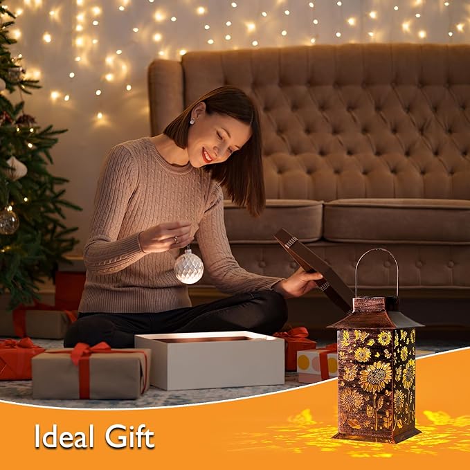 Homemory Sunflower Solar Lanterns Waterproof, Metal Hanging Hollowed-Out Metal Decor Lantern, LED Outdoor Decoration for Outside LED Lanternse for Yard, Backyard, Porch, Lawn