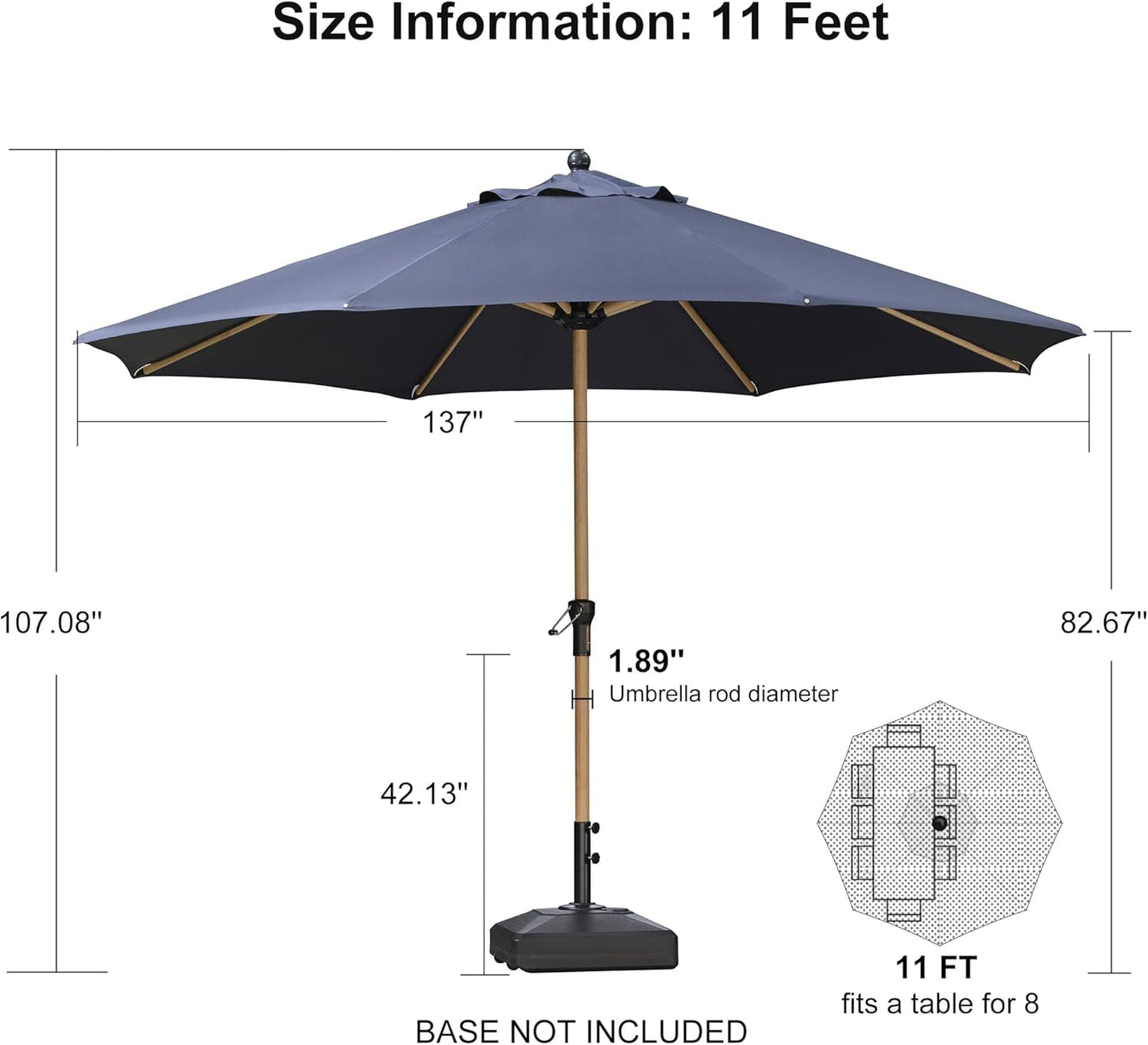 PURPLE LEAF 11 Feet Patio Umbrella Outdoor Table Umbrella Round Aluminum Market Umbrella with 8 Sturdy Ribs & Crank Commercial Outdoor Umbrellas for Garden Deck Patio, Navy Blue