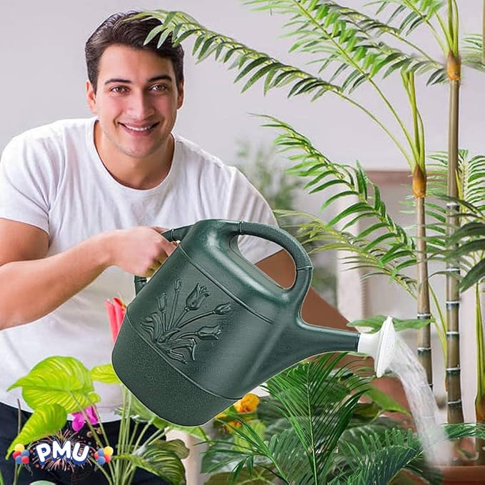 PMU 2 Gallon Watering Can - Garden Watering Can for Indoor & Outdoor Plants - Plastic Water Can with Detachable Sprinkler Head - Large Water Pot, Made in USA - Hunter Green Pkg/3