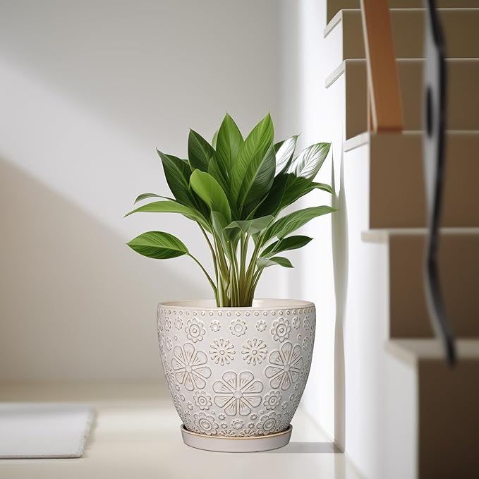 10 Inch Ceramic Planter Pot Large Plant Pot for Indoor Plants Outdoor Round Flower Pot with Drainage Hole and Saucer for Home Garden Decor White