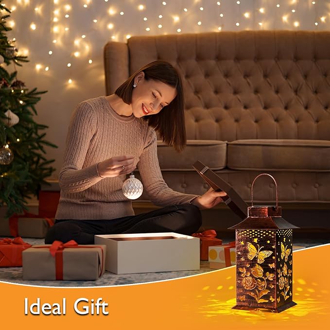 Homemory Butterfly Solar Lanterns Waterproof, Metal Hanging Hollowed-Out Metal Decor Lantern, LED Outdoor Decoration for Outside LED Lanternse for Yard, Backyard, Porch, Lawn